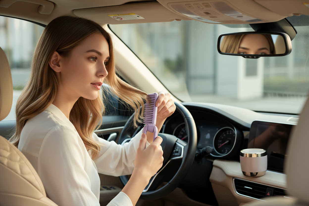 Chica usando cepillo alisador en el coche