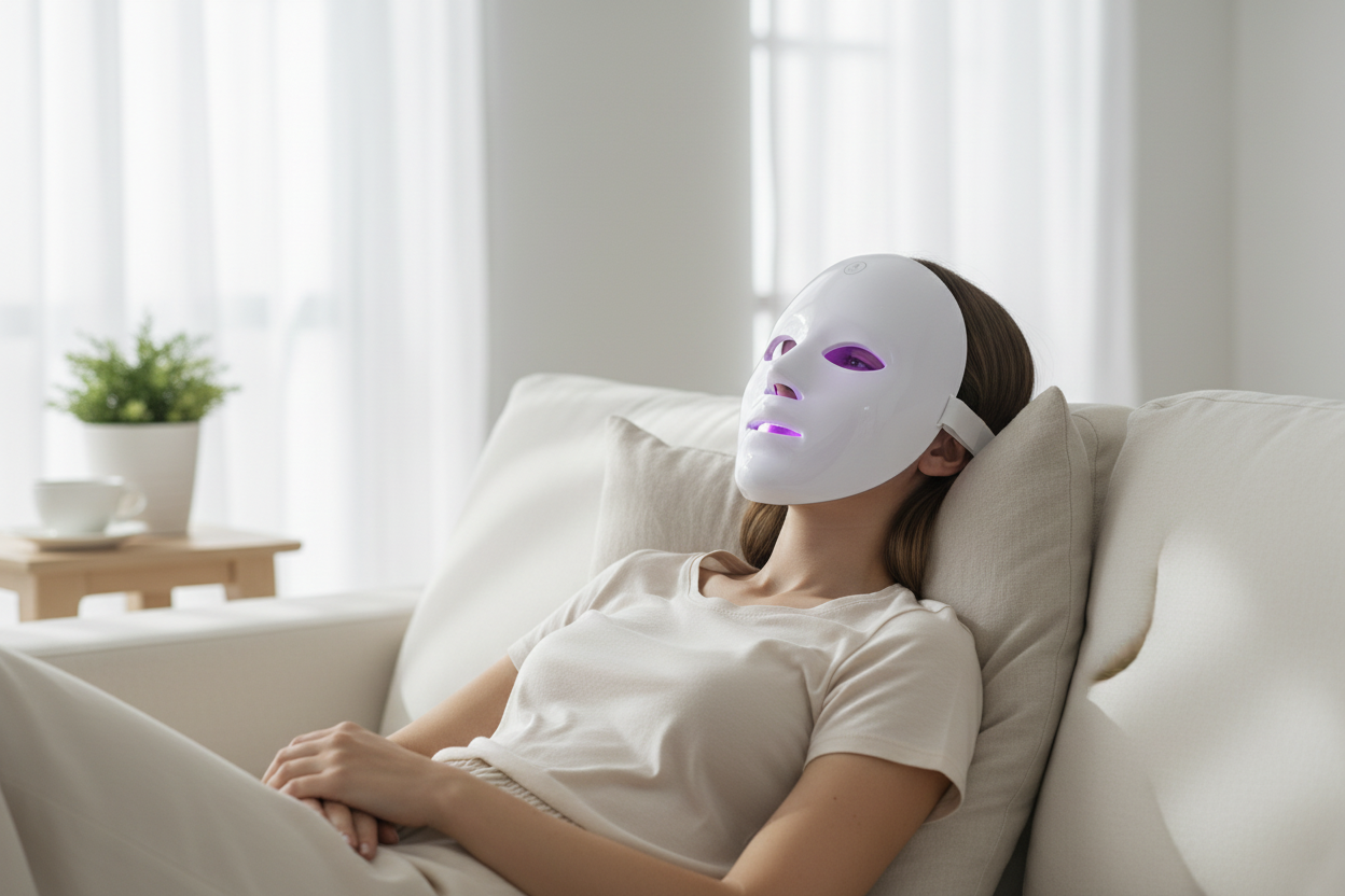 Mujer usando máscara facial LED