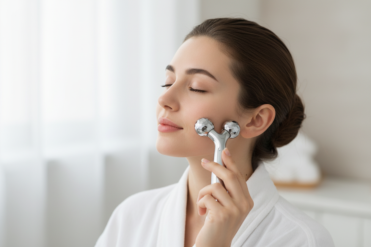 Mujer usando masajeador facial 3D