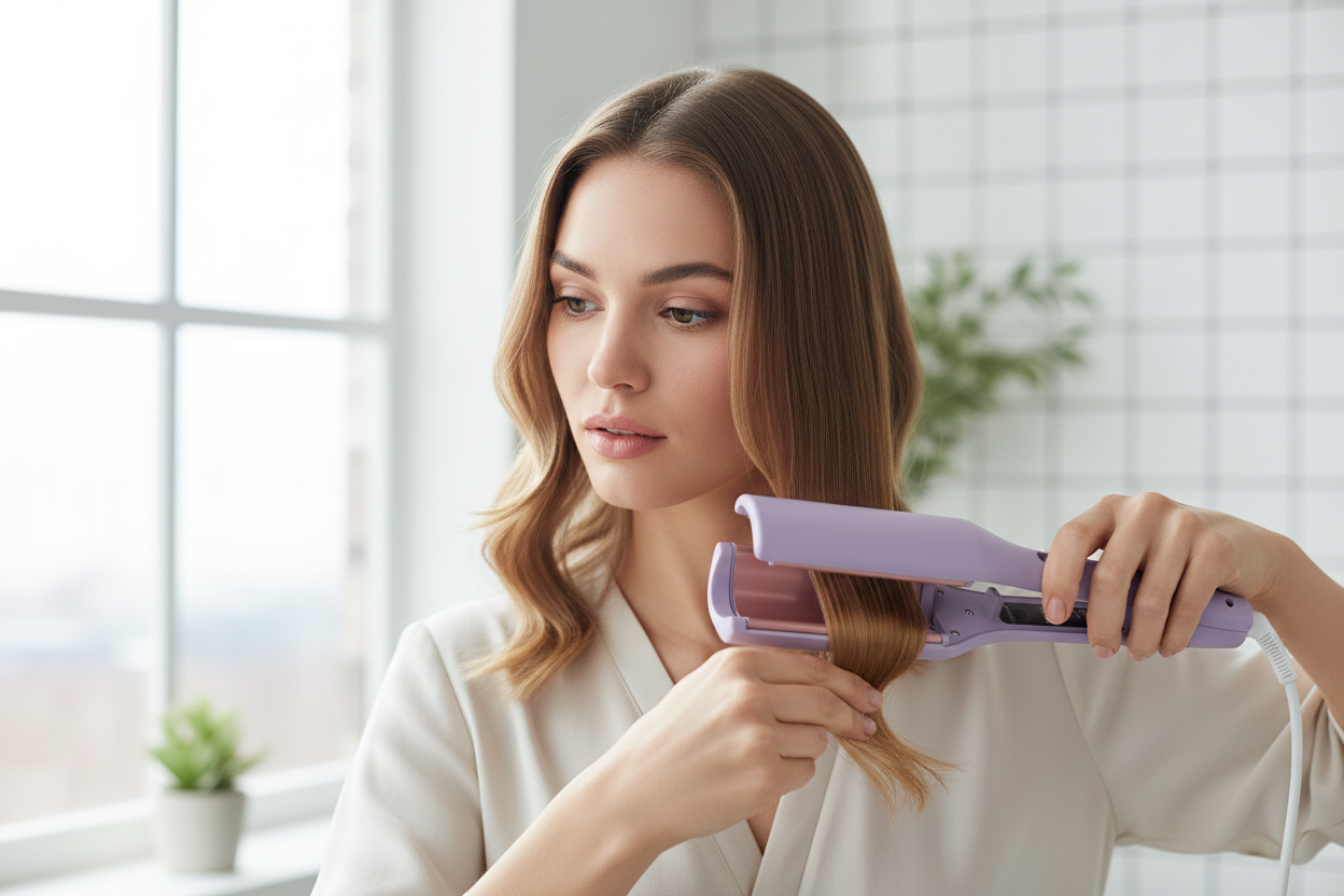 Mujer usando ondulador wavy curler