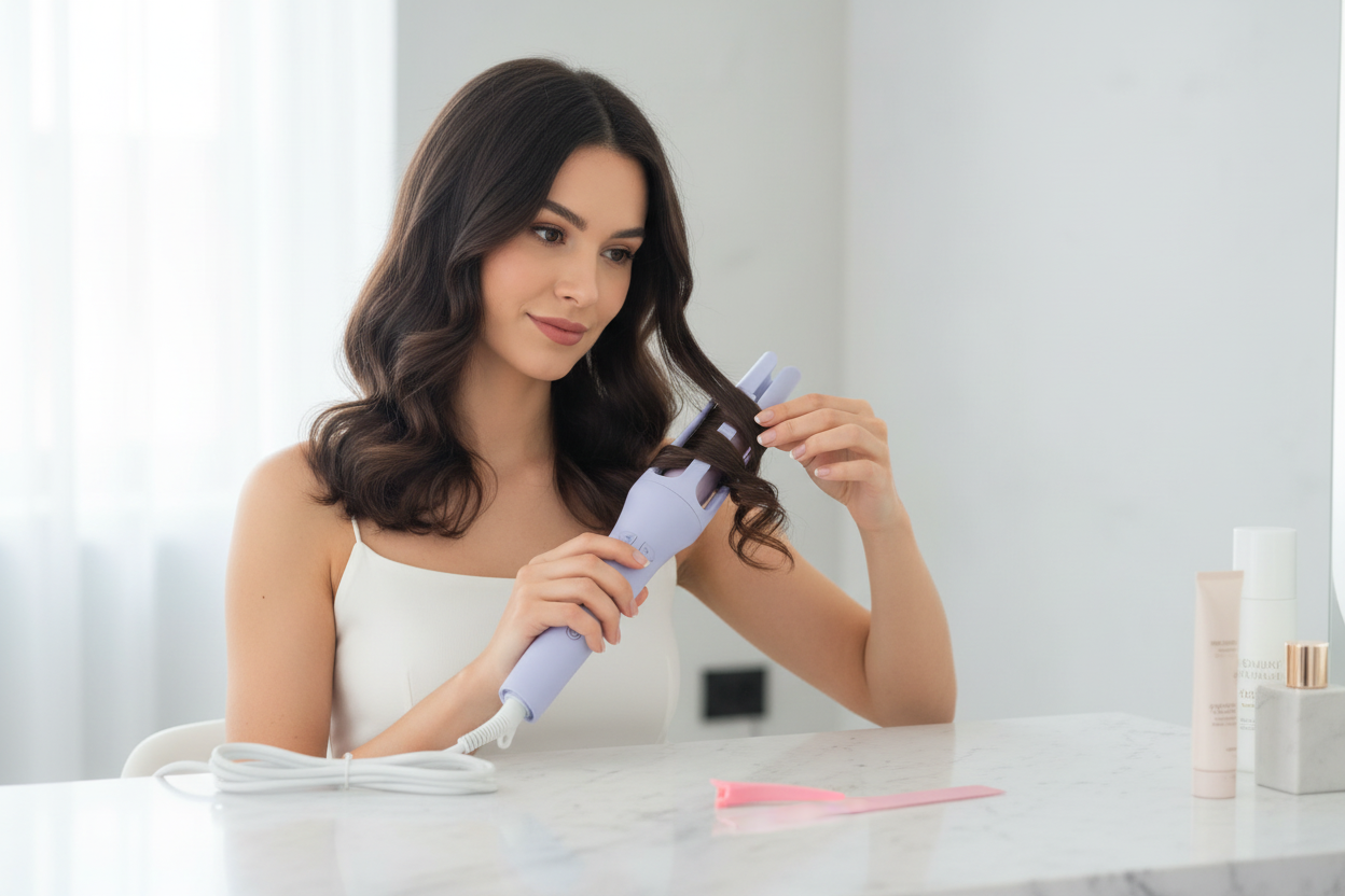 Mujer usando rizador 3 en 1