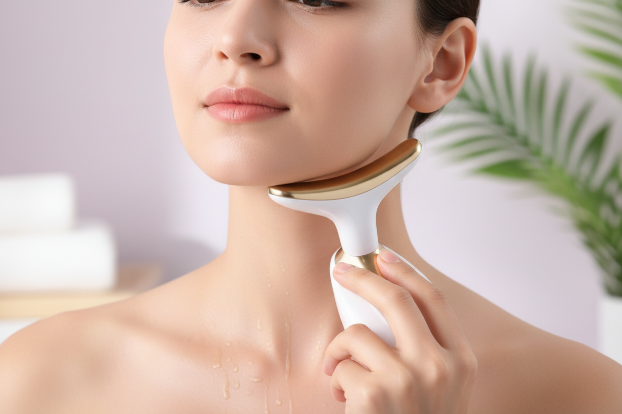 Mujer usando tu masajeador en V blanco y dorado